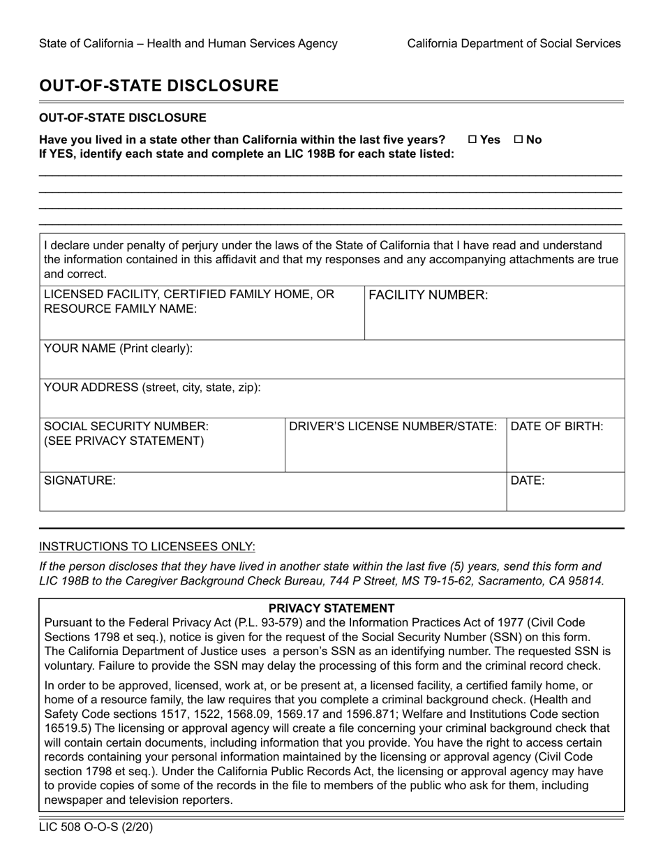Form LIC508 O-O-S Out-of-State Disclosure - California, Page 1