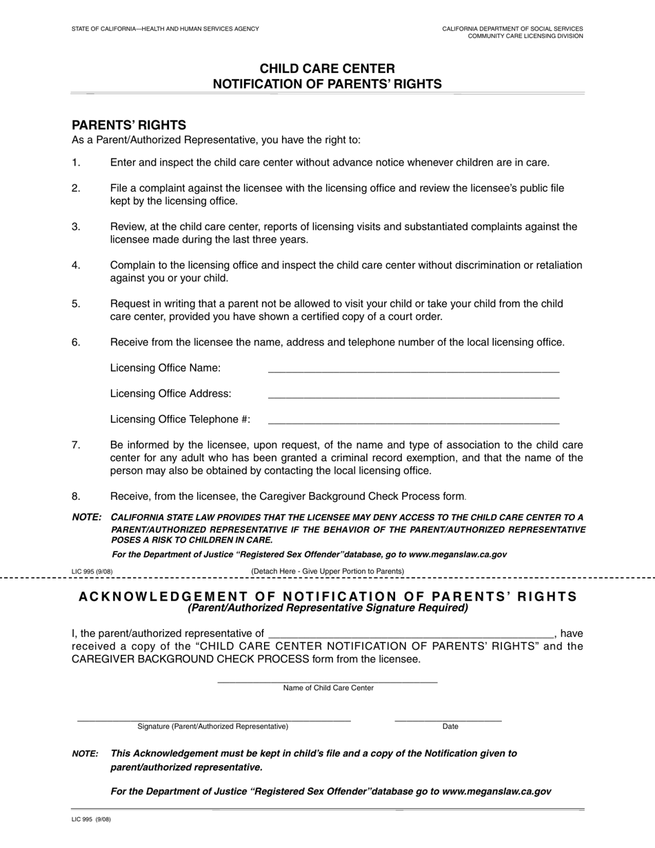 Form LIC995 Child Care Center - Notification of Parents Rights - California, Page 1