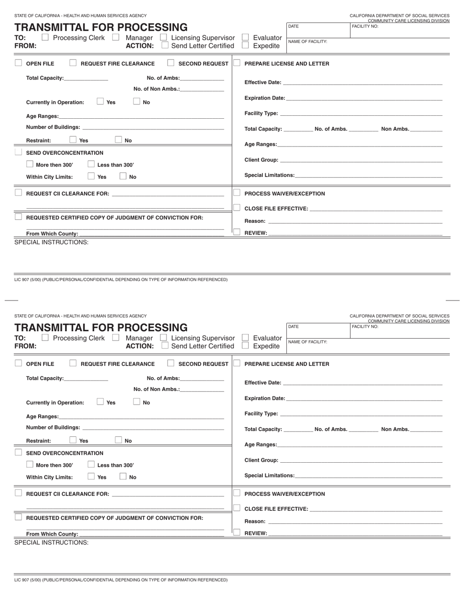 Form LIC907 Transmittal for Processing - California, Page 1