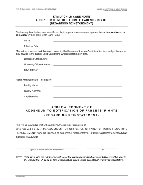 Form LIC995C Family Child Care Home Addendum to Notification of Parents' Rights (Regarding Reinstatement) - California