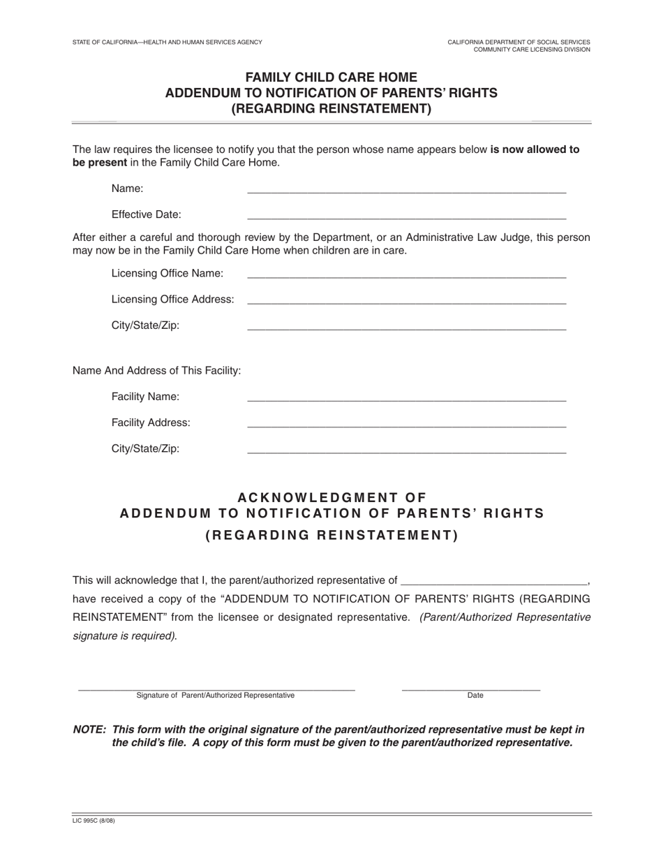 Form LIC995C Family Child Care Home Addendum to Notification of Parents Rights (Regarding Reinstatement) - California, Page 1