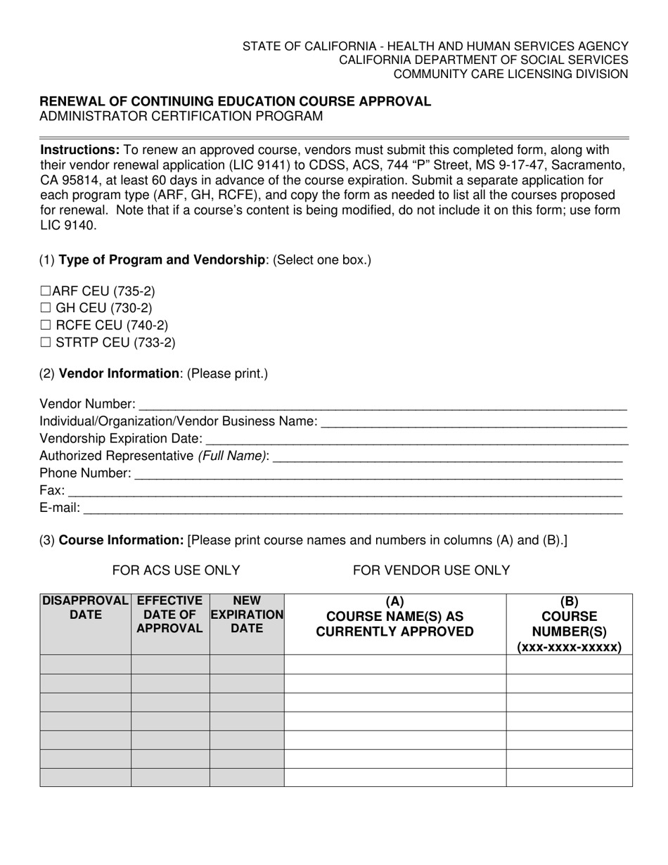Form LIC9139 Renewal of Continuing Education Course Approval - California, Page 1