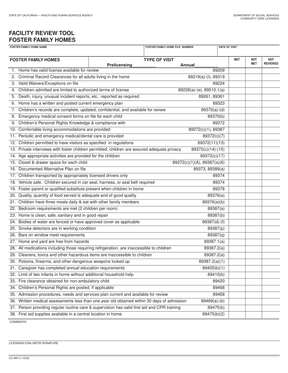 Form LIC860 C Facility Review Tool Foster Family Homes - California, Page 1