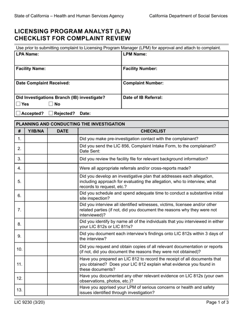 Form LIC9230  Printable Pdf