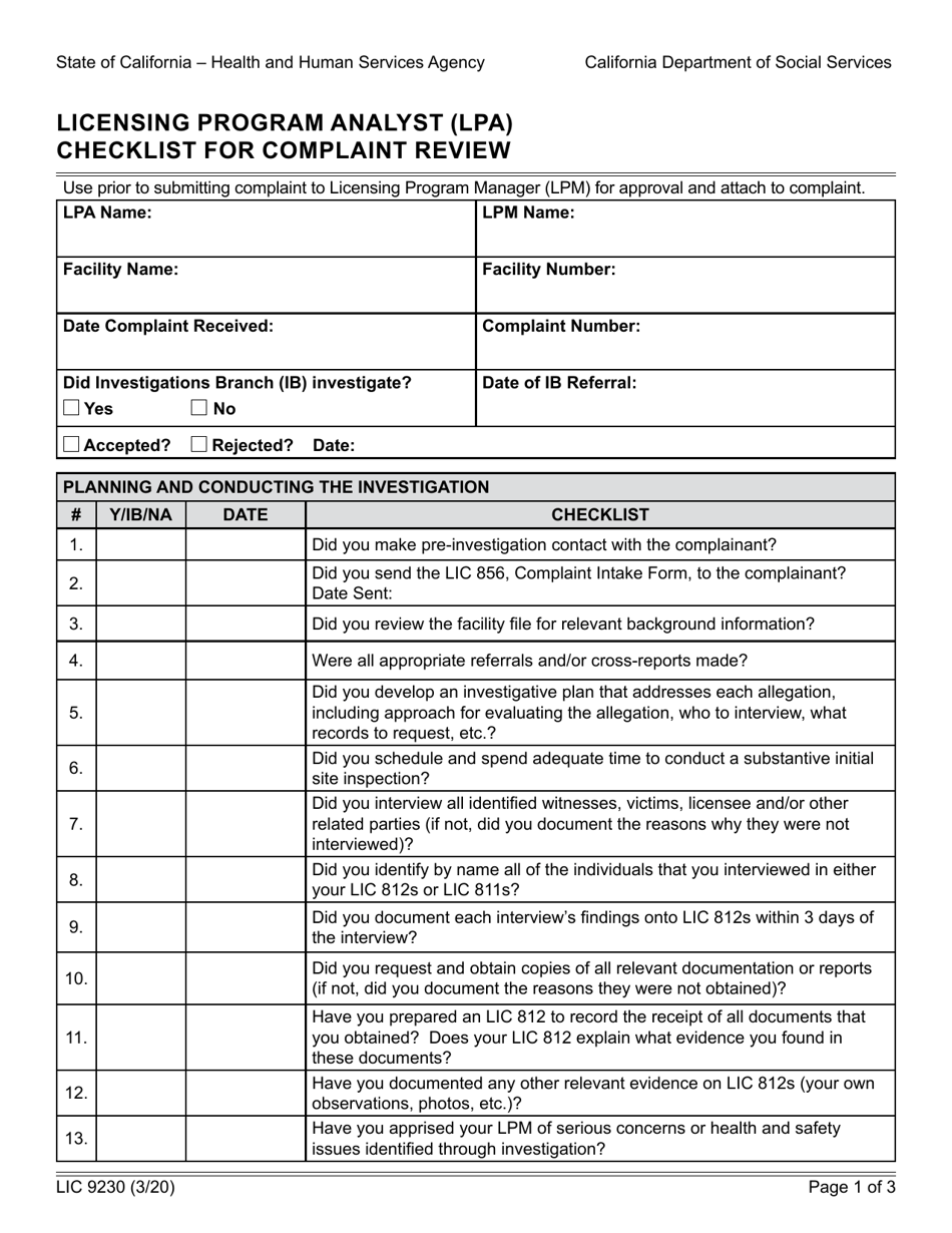 Form LIC9230 Licensing Program Analyst (Lpa) Checklist for Complaint Review - California, Page 1