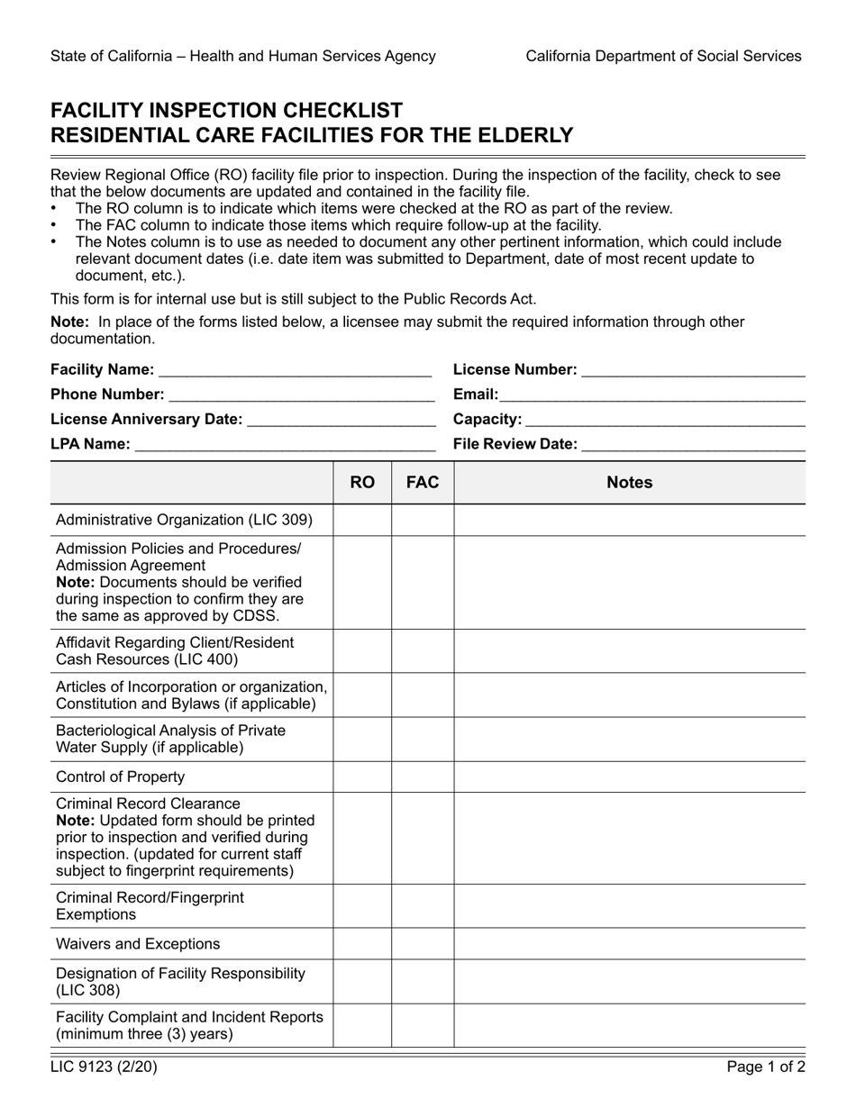 Form LIC9123 Facility Inspection Checklist Residential Care Facilities for the Elderly - California, Page 1