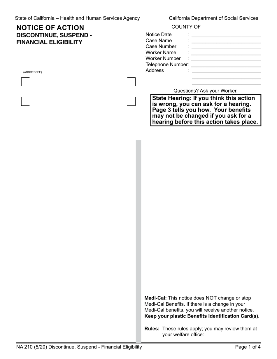 Form NA210 Notice of Action - Discontinue, Suspend Financial Eligibility - California, Page 1