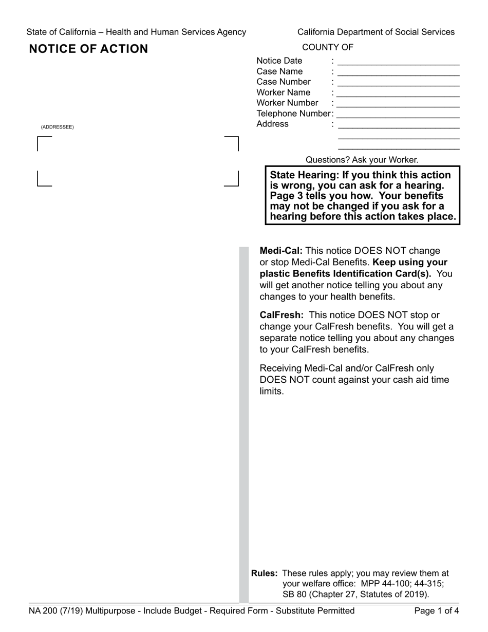 Form NA200 Notice of Action - Multipurpose - Include Budget - California, Page 1