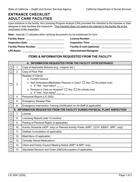 Form LIC9241 Entrance Checklist Adult Care Facilities - California