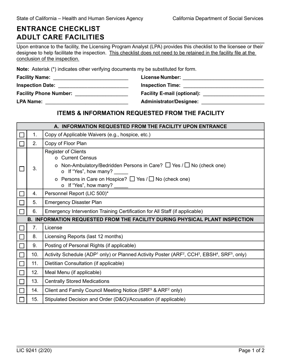 Form LIC9241 Entrance Checklist Adult Care Facilities - California, Page 1