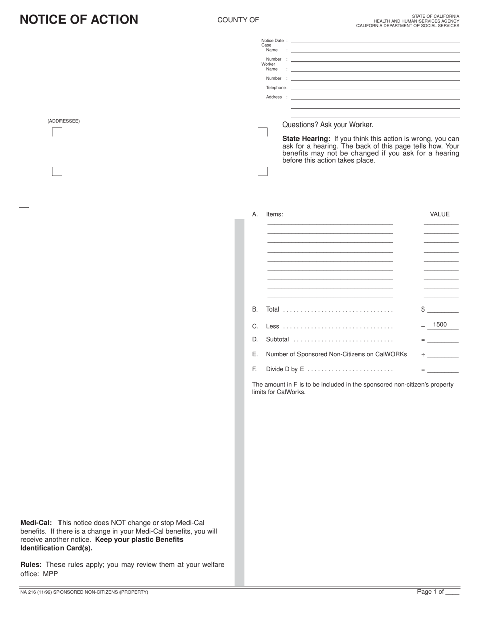 Form NA216 Sponsored Non Citizens Property - California, Page 1