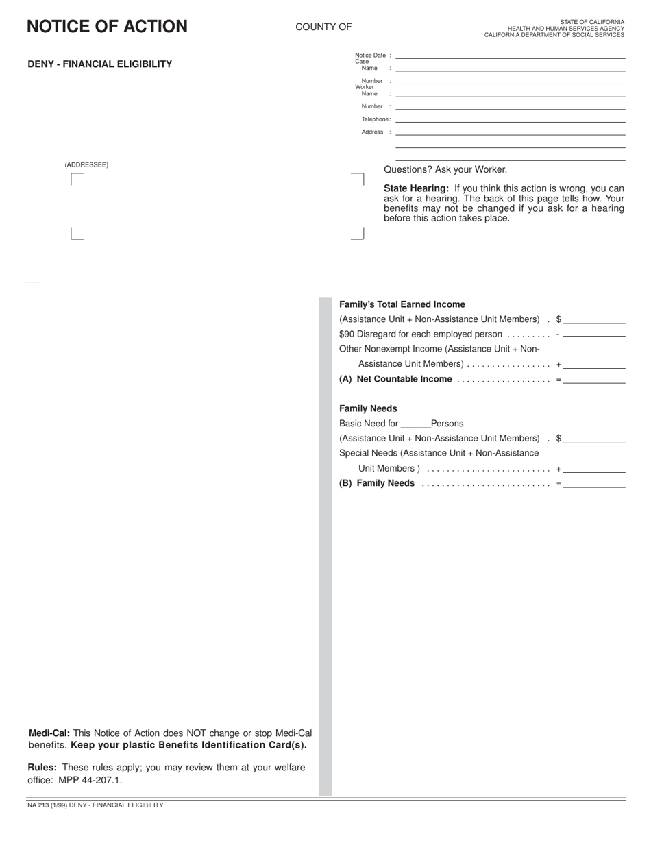 Form NA213 Deny - Financial Eligibility - California, Page 1