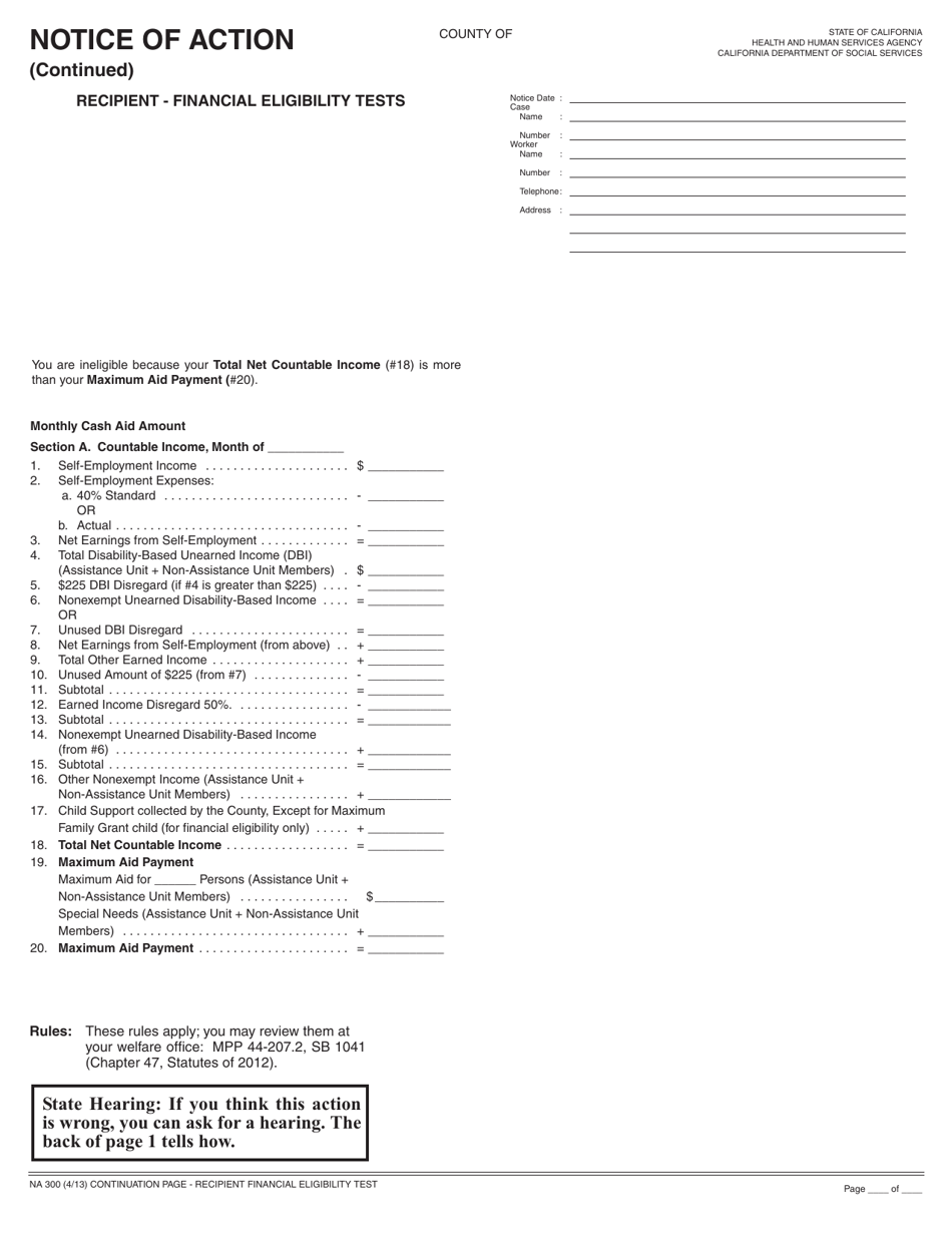 Form NA300 Notice of Action - Continuation Page - Recipient Financial Eligibility Test - California, Page 1