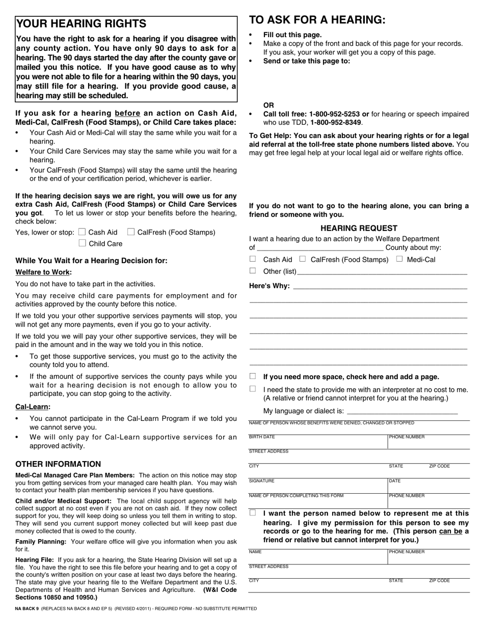 Form NA300 Notice of Action - Continuation Page - Recipient Financial Eligibility Test - California, Page 2