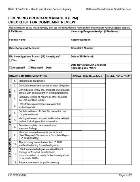 Form LIC9229  Printable Pdf