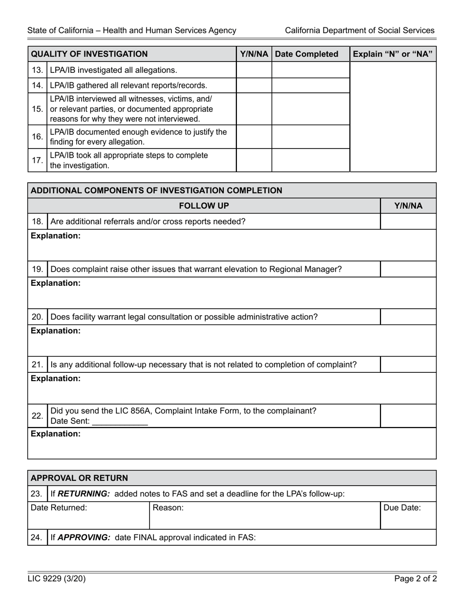 Form LIC9229 Licensing Program Manager (Lpm) Checklist for Complaint Review - California, Page 2