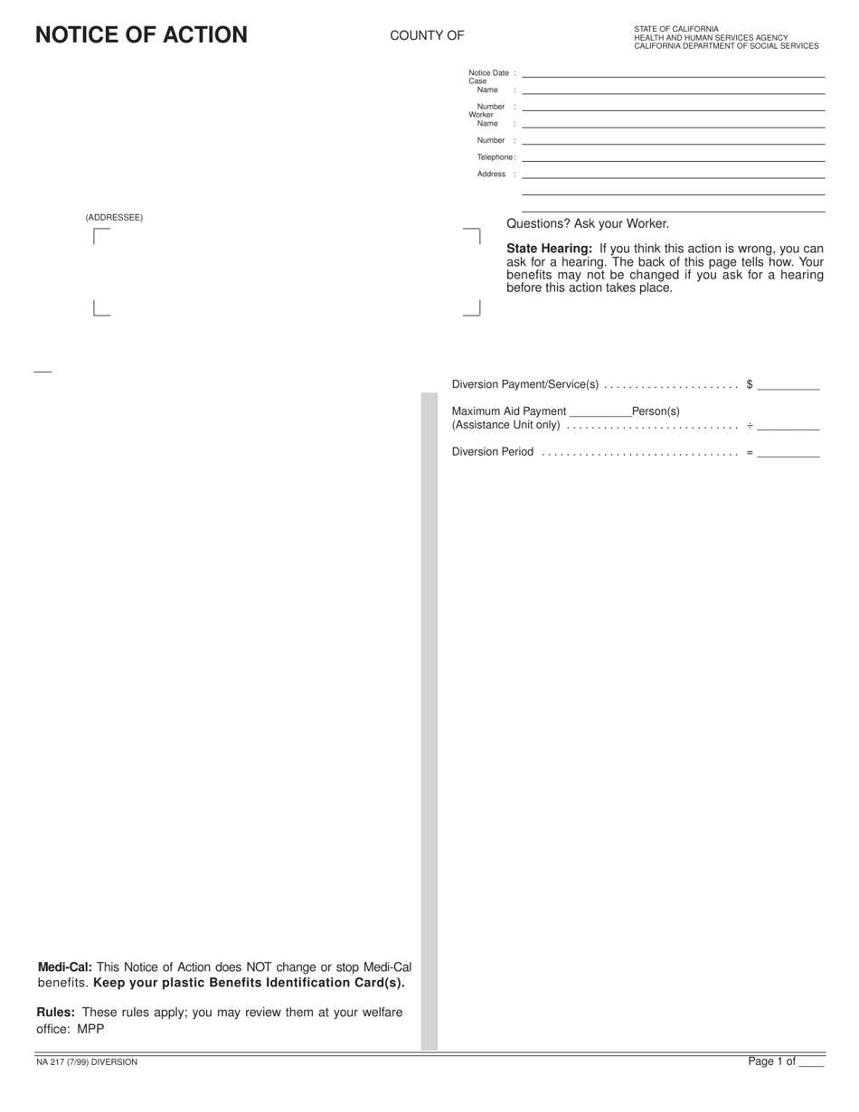 Form NA217 Diversion - California, Page 1
