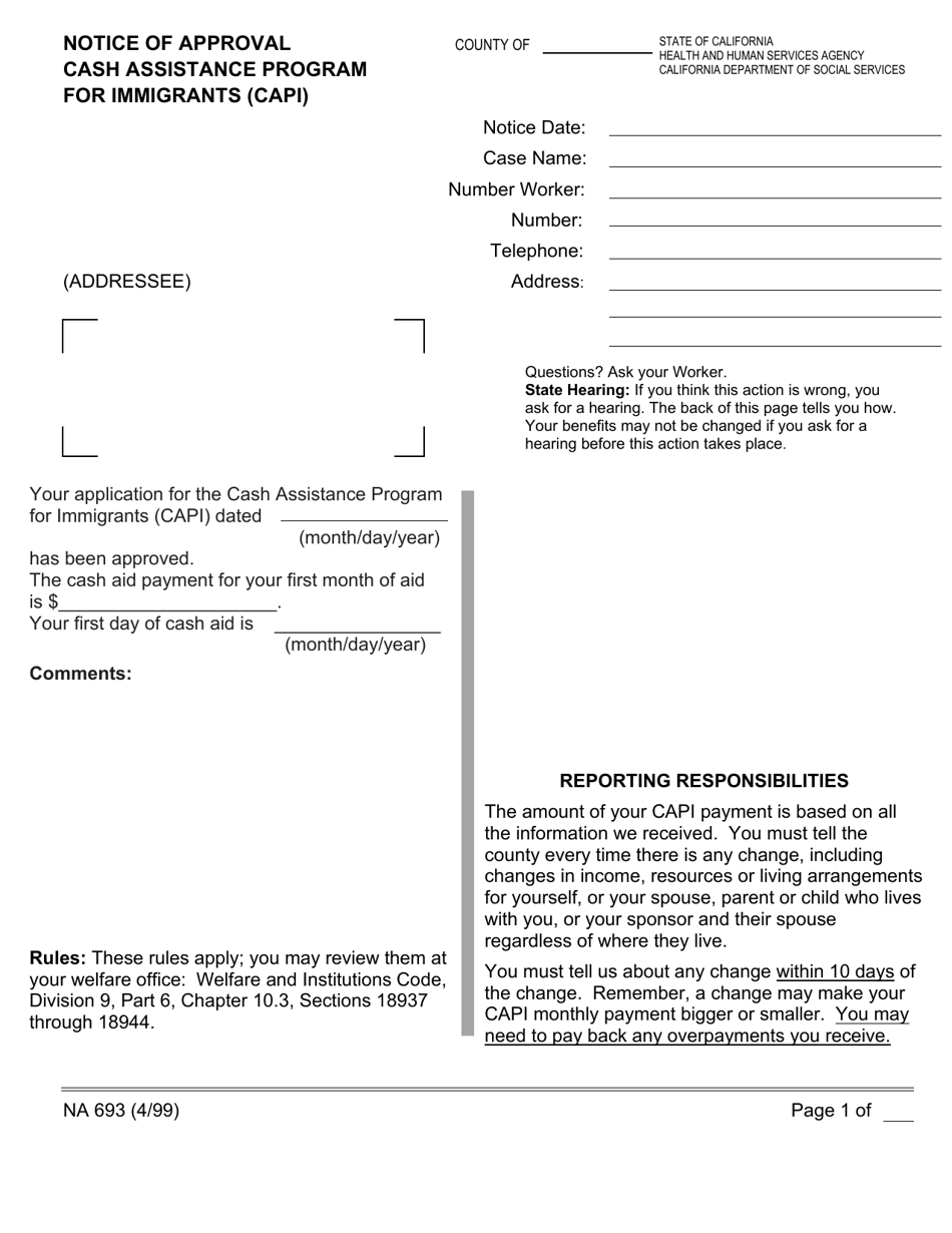 Form NA693 Notice of Approval - Cash Assistance Program for Immigrants (Capi) - California, Page 1