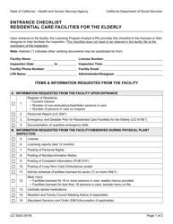 Document preview: Form LIC9242 Entrance Checklist Residential Care Facilities for the Elderly - California