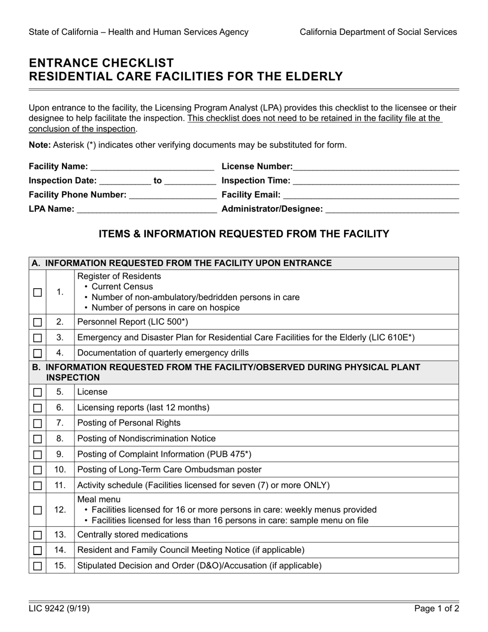 Form LIC9242 Entrance Checklist Residential Care Facilities for the Elderly - California, Page 1