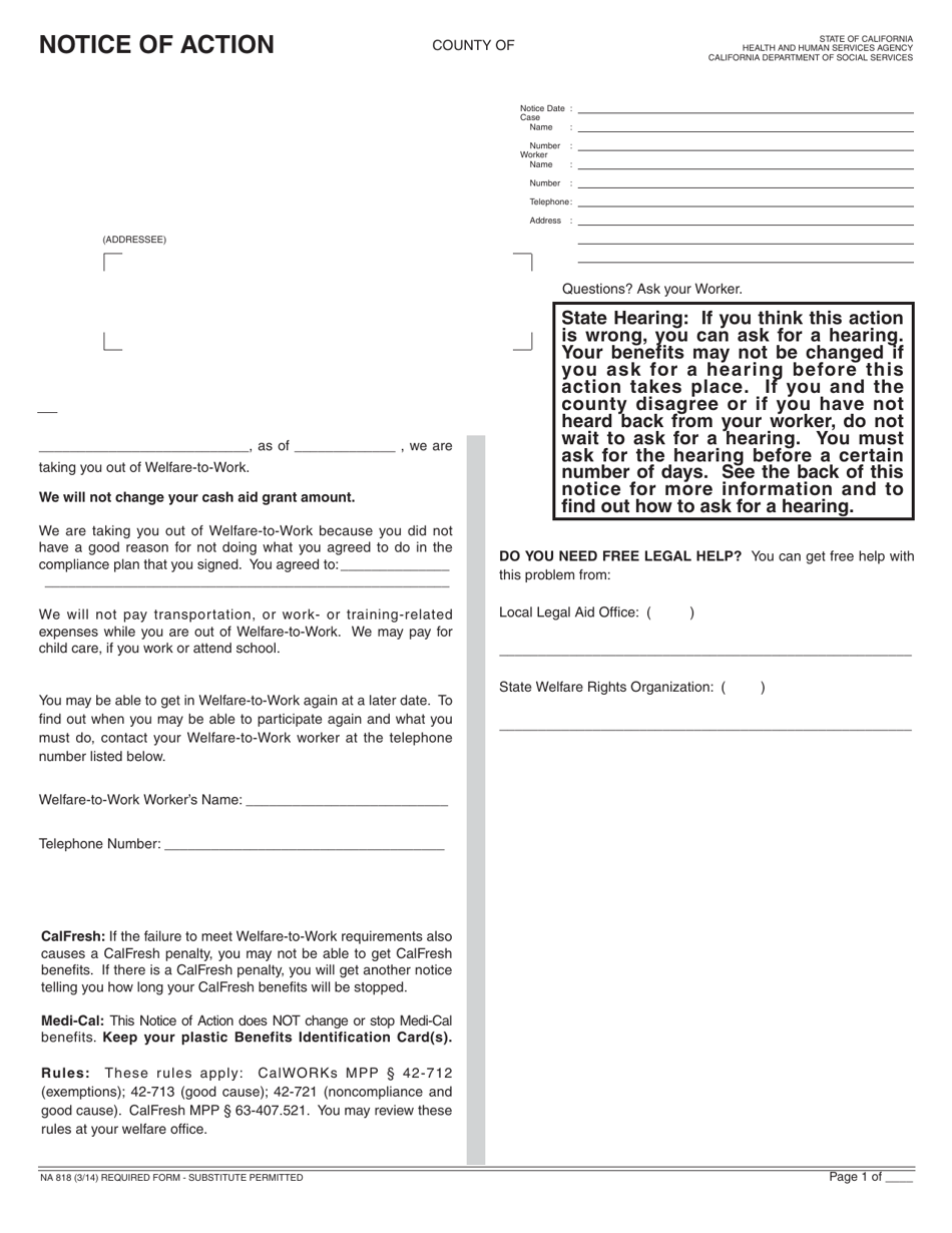 Form NA818 Notice of Action - Taking You out of Welfare to Work - California, Page 1