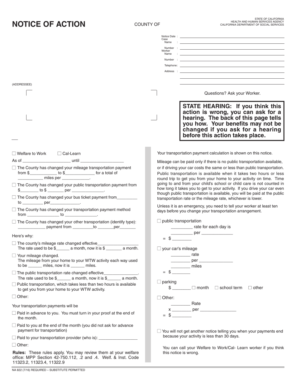 Form NA822 Notice of Action - Transportation Change - California, Page 1