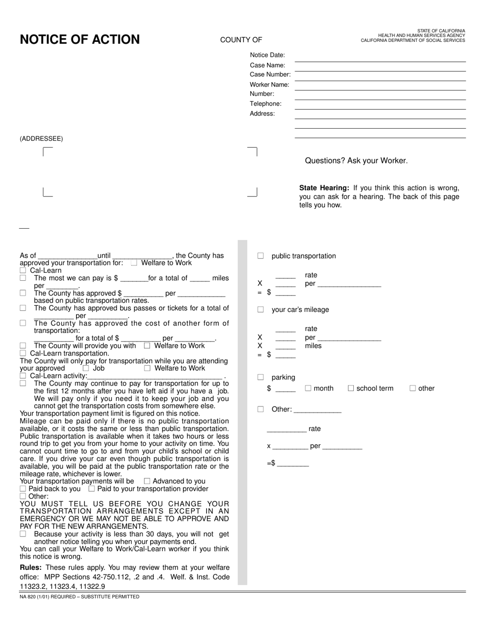 Form NA820 Notice of Action - Transportation Approval - California, Page 1