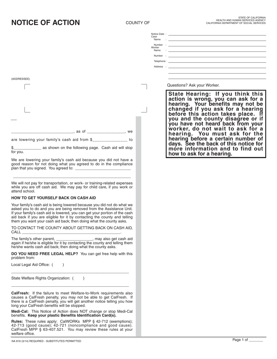 Form NA816 Notice of Action - Sanction of Other Parent After Failed Compliance Plan - California, Page 1
