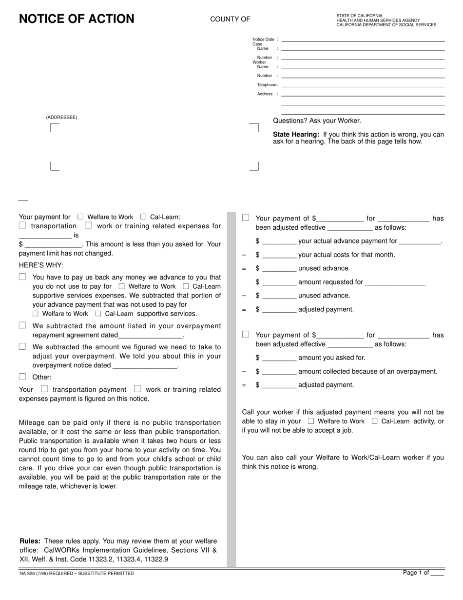 Form NA828 Notice of Action - Transportation and Ancillary Exp Overpayment - California, Page 1
