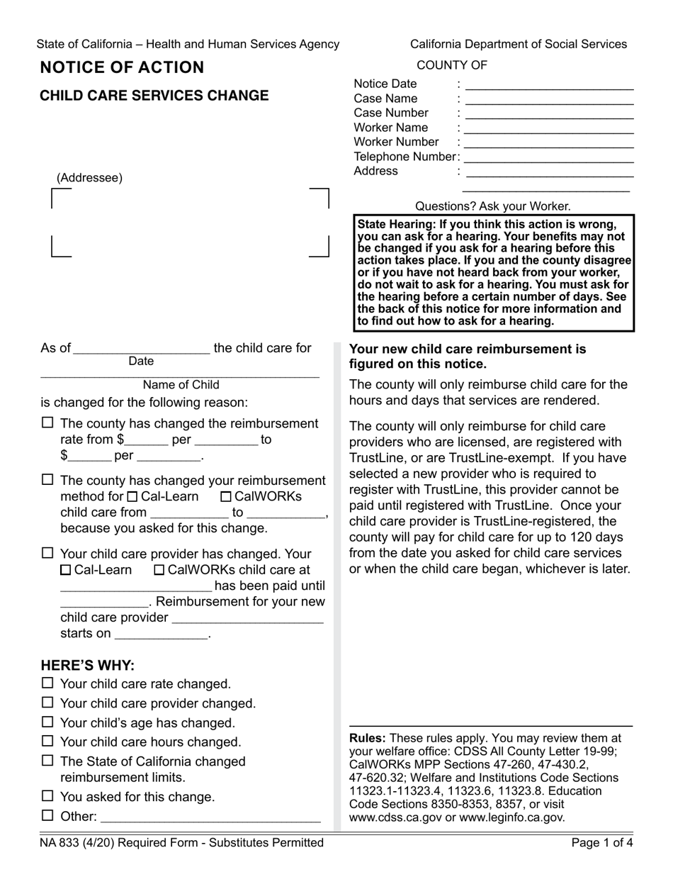 Form NA833 Notice of Action - Child Care Services Change - California, Page 1
