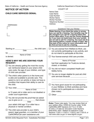 Document preview: Form NA834 Notice of Action - Child Care Services Denial - California
