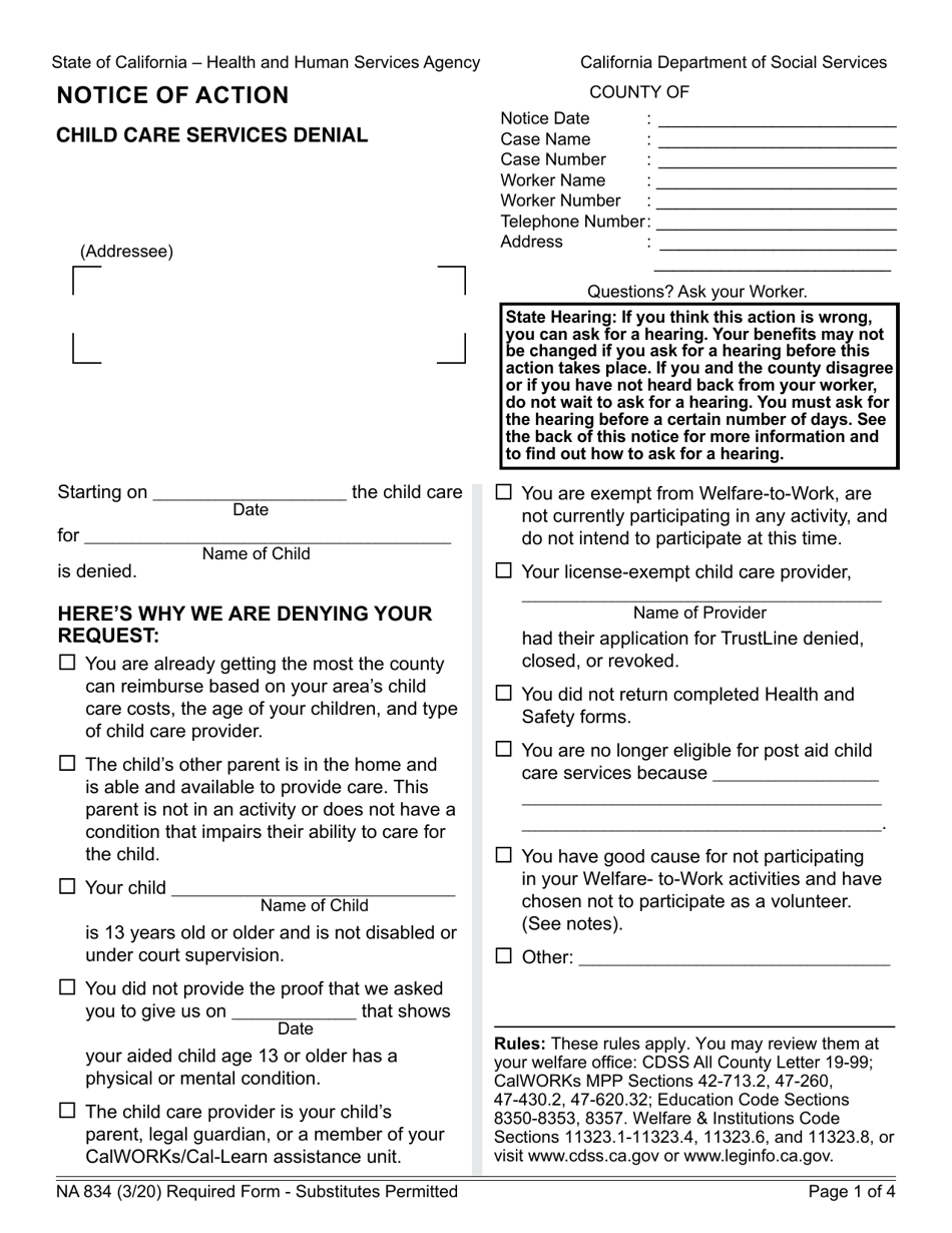 Form NA834 Notice of Action - Child Care Services Denial - California, Page 1