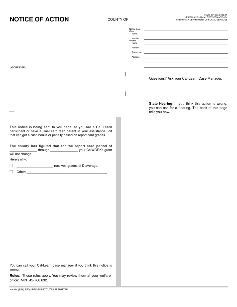 Form NA844 Notice of Action - Adequate Progress - California, Page 1