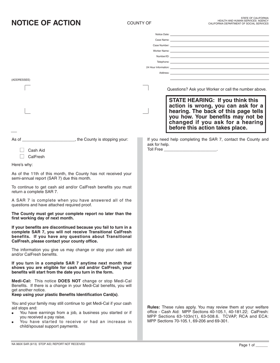 Form NA960X SAR Notice of Action - Stop Aid; Report Not Received - California, Page 1