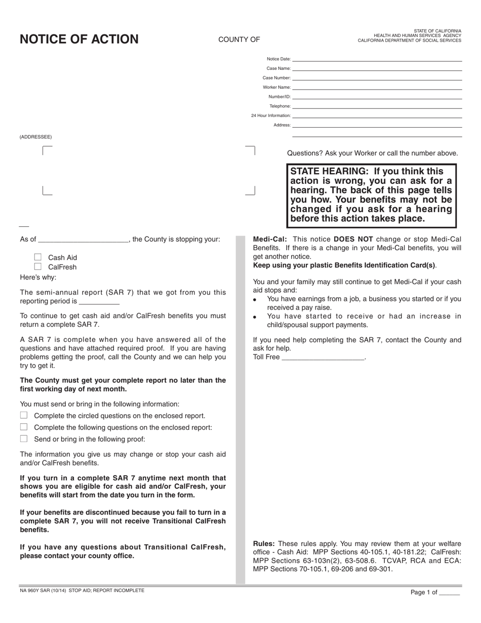 Form NA960Y SAR Notice of Action - Stop Aid; Report Incomplete - California, Page 1