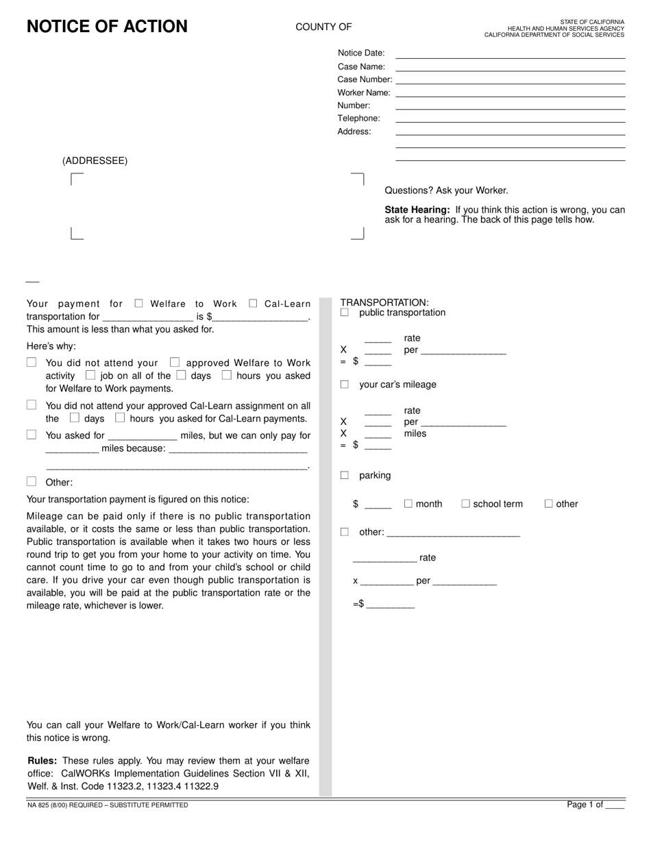 Form NA825 Notice of Action - Payment Adjust Transportation - California, Page 1