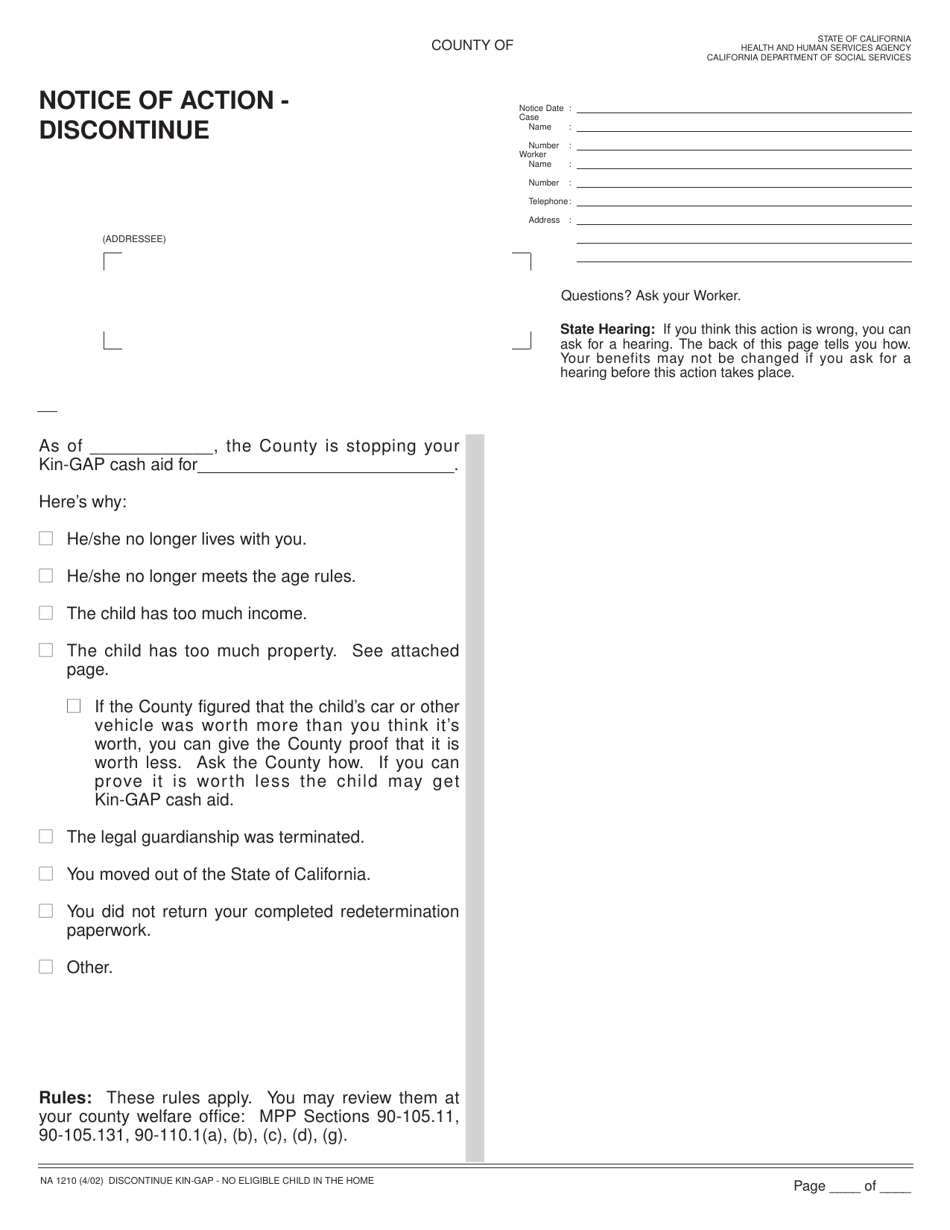 Form NA1210 Notice of Action - Discontinue - California, Page 1