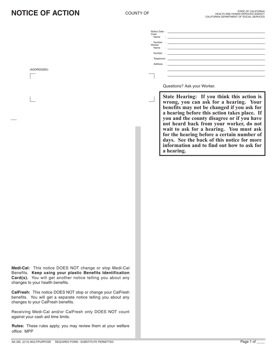 Form NA290 Notice of Action - Multipurpose - California, Page 1
