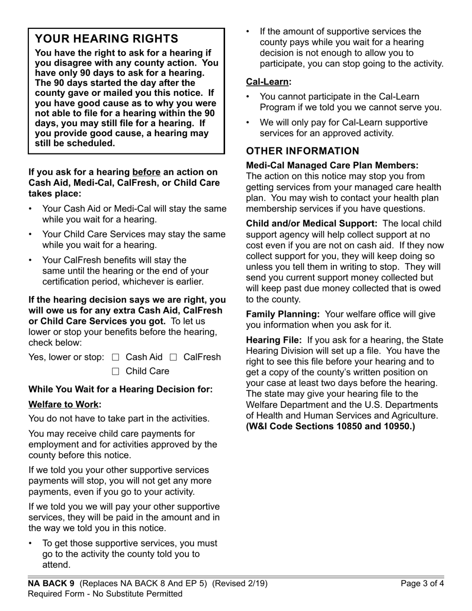 Form NA835 Notice of Action - Child Care Services Discontinuance - California, Page 3