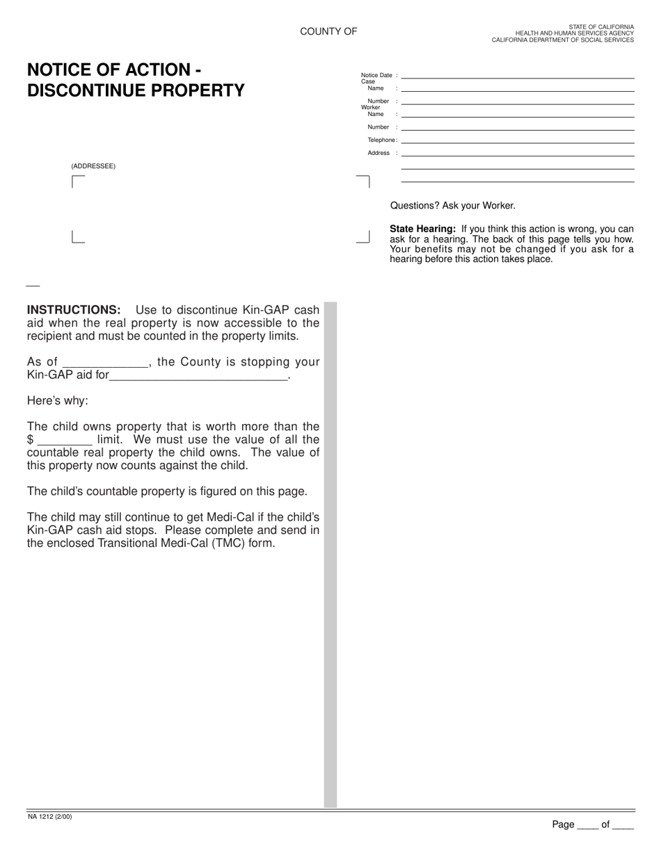Form NA1212 Notice of Action - Discontinue Property - California, Page 1