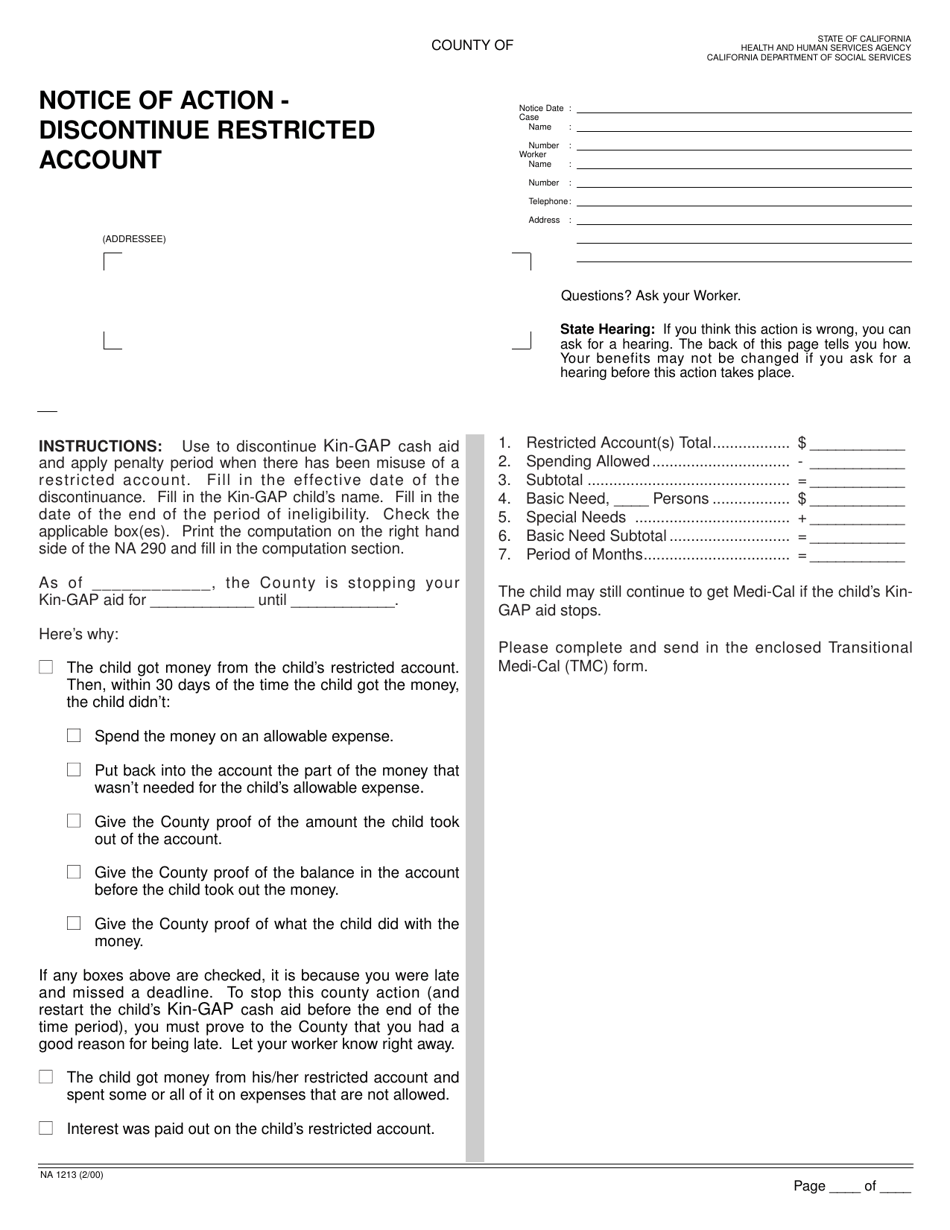 Form NA1213 Notice of Action - Discontinue Restricted Account - California, Page 1