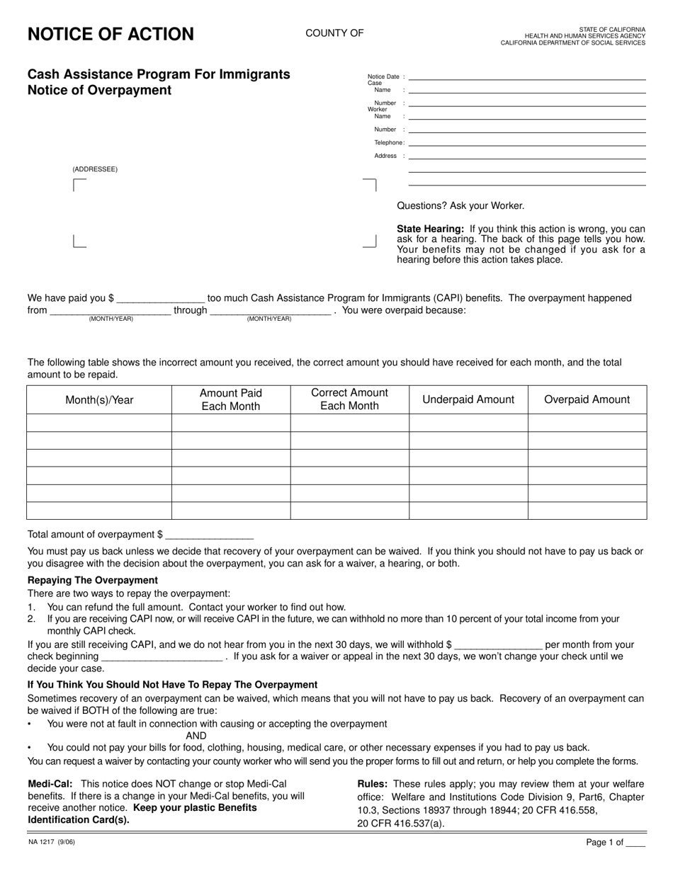 Form NA1217 Notice of Action - Cash Assistance Program for Immigrants - Notice of Overpayment - California, Page 1