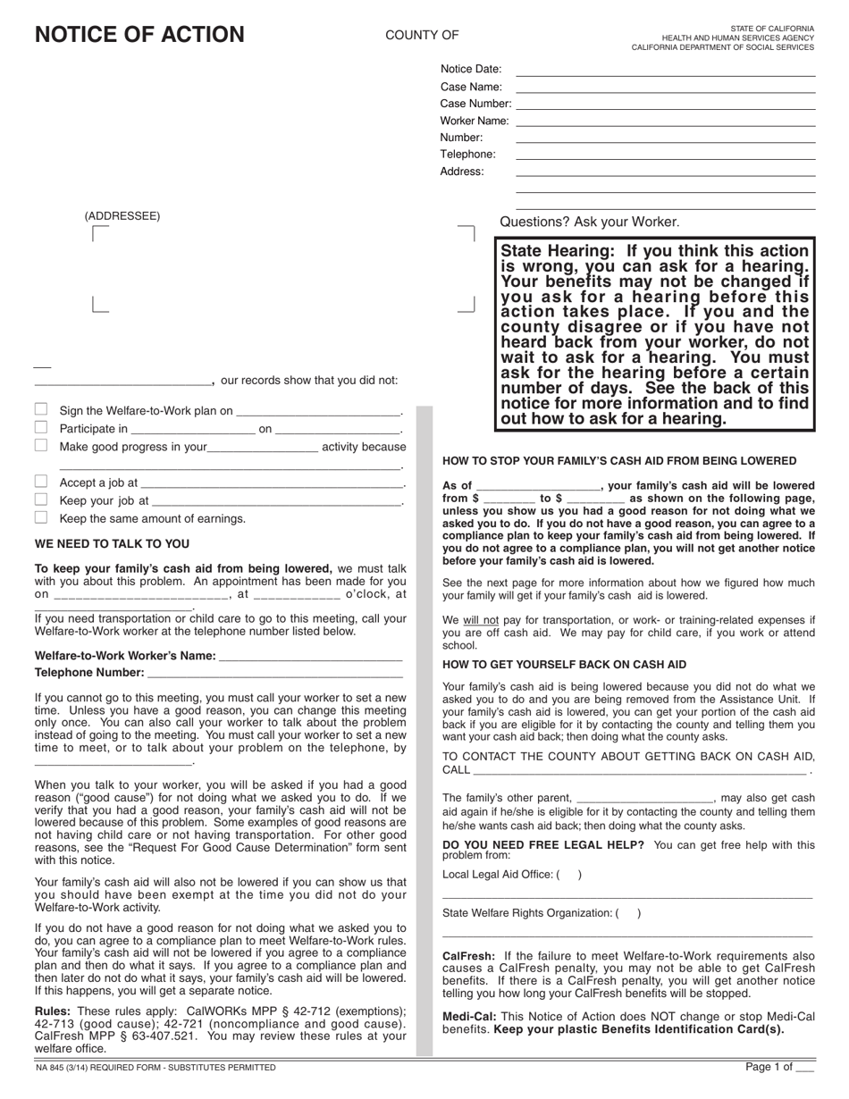 Form NA845 Notice of Action - Sanction and Removal of the Other Parents Needs - California, Page 1