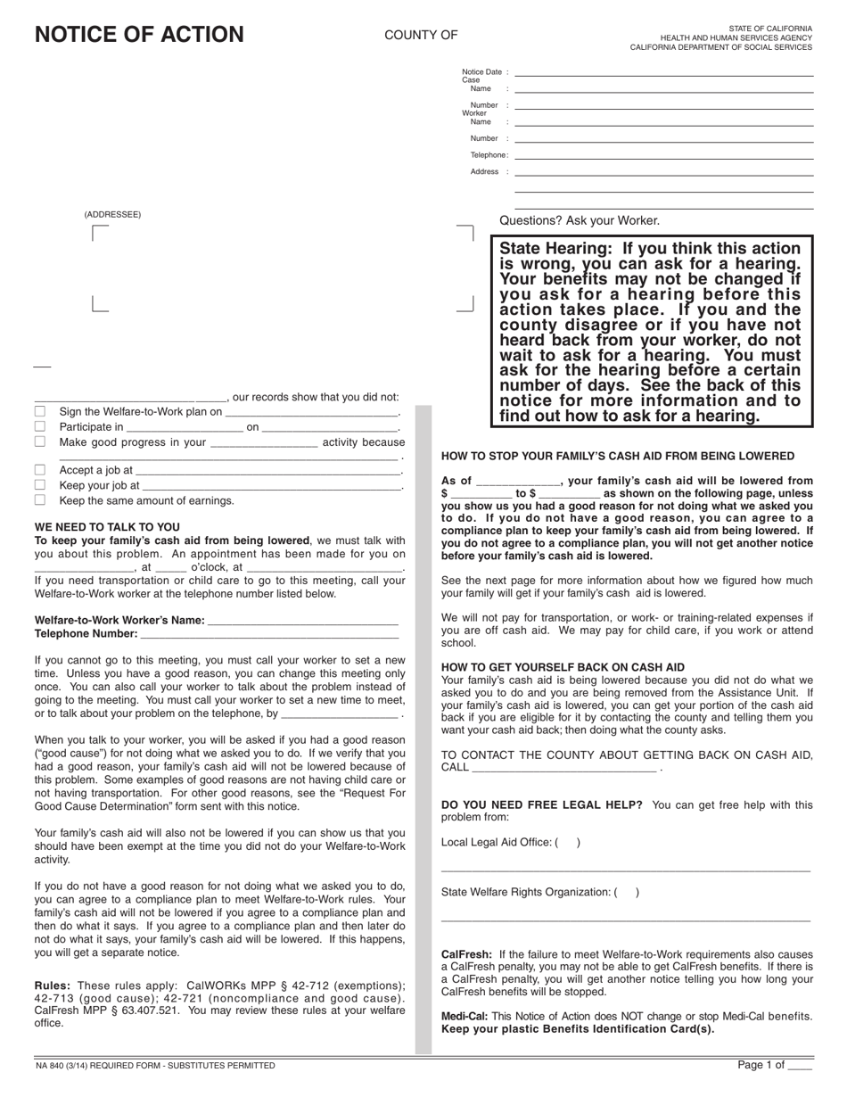 Form NA840 Notice of Action - Welfare to Work Plan - California, Page 1