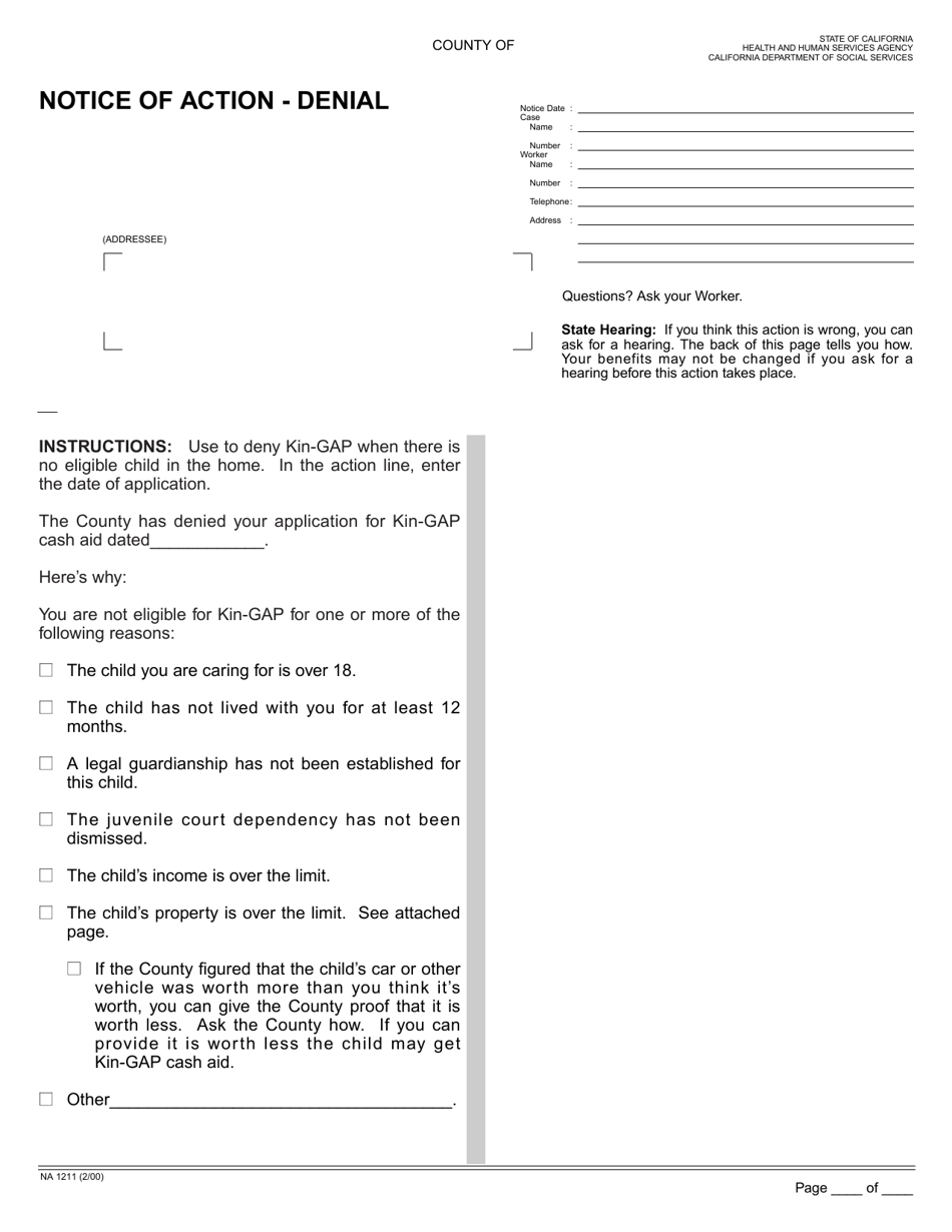 Form NA1211 Notice of Action - Denial - California, Page 1