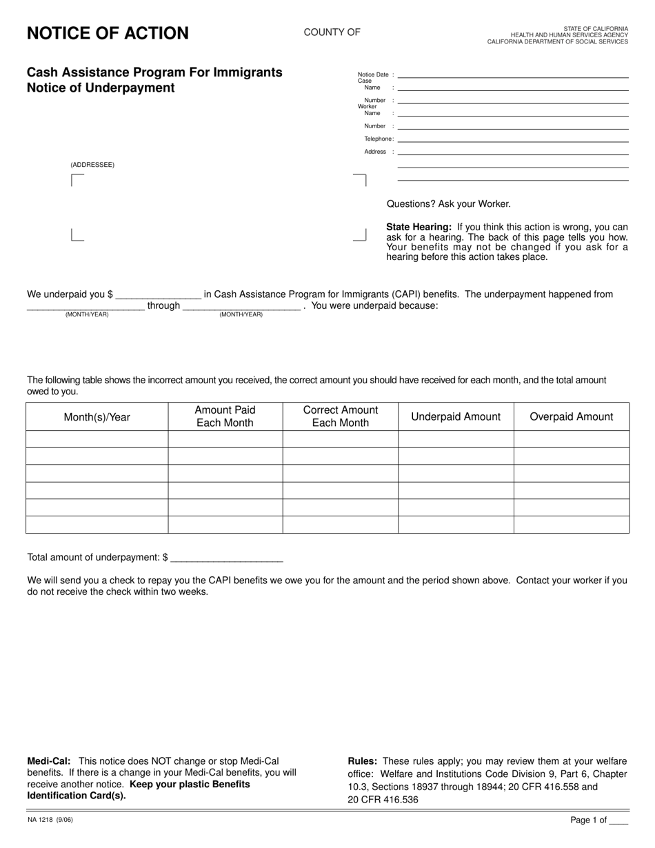 Form NA1218 Notice of Action - Cash Assistance Program for Immigrants - Notice of Underpayment - California, Page 1
