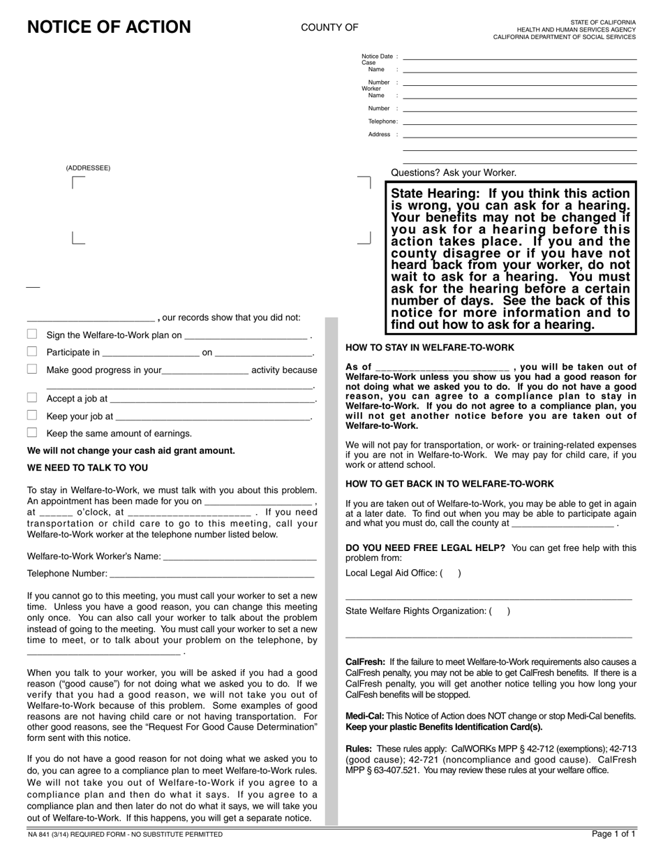 Form NA841 Notice of Action - Welfare-To-Work Plan - California, Page 1