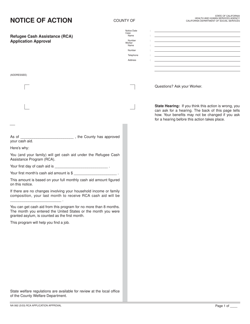 Form NA992 Notice of Action - Refugee Cash Assistance (Rca) Application Approval - California, Page 1