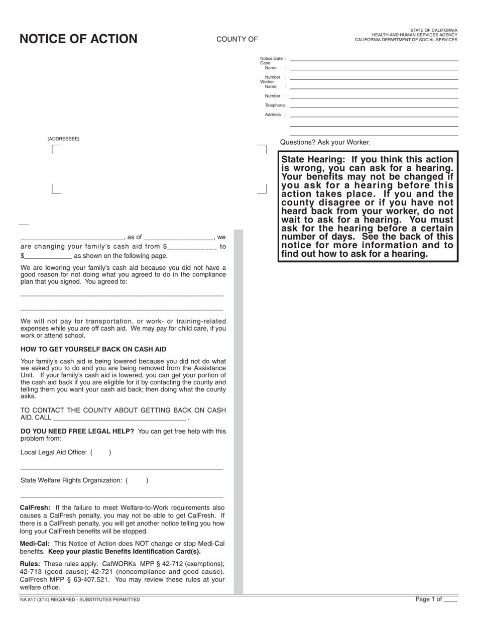 Form NA817 Notice of Action - Sanction of Participant After Failed Compliance Plan - California, Page 1