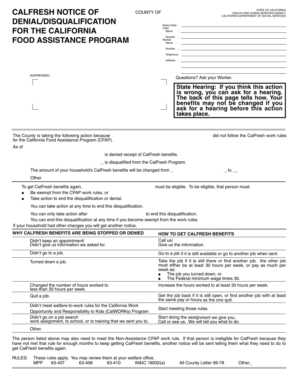 Form NA995 CalFresh Notice of Denial / Disqualification for the California Food Assistance Program - California, Page 1